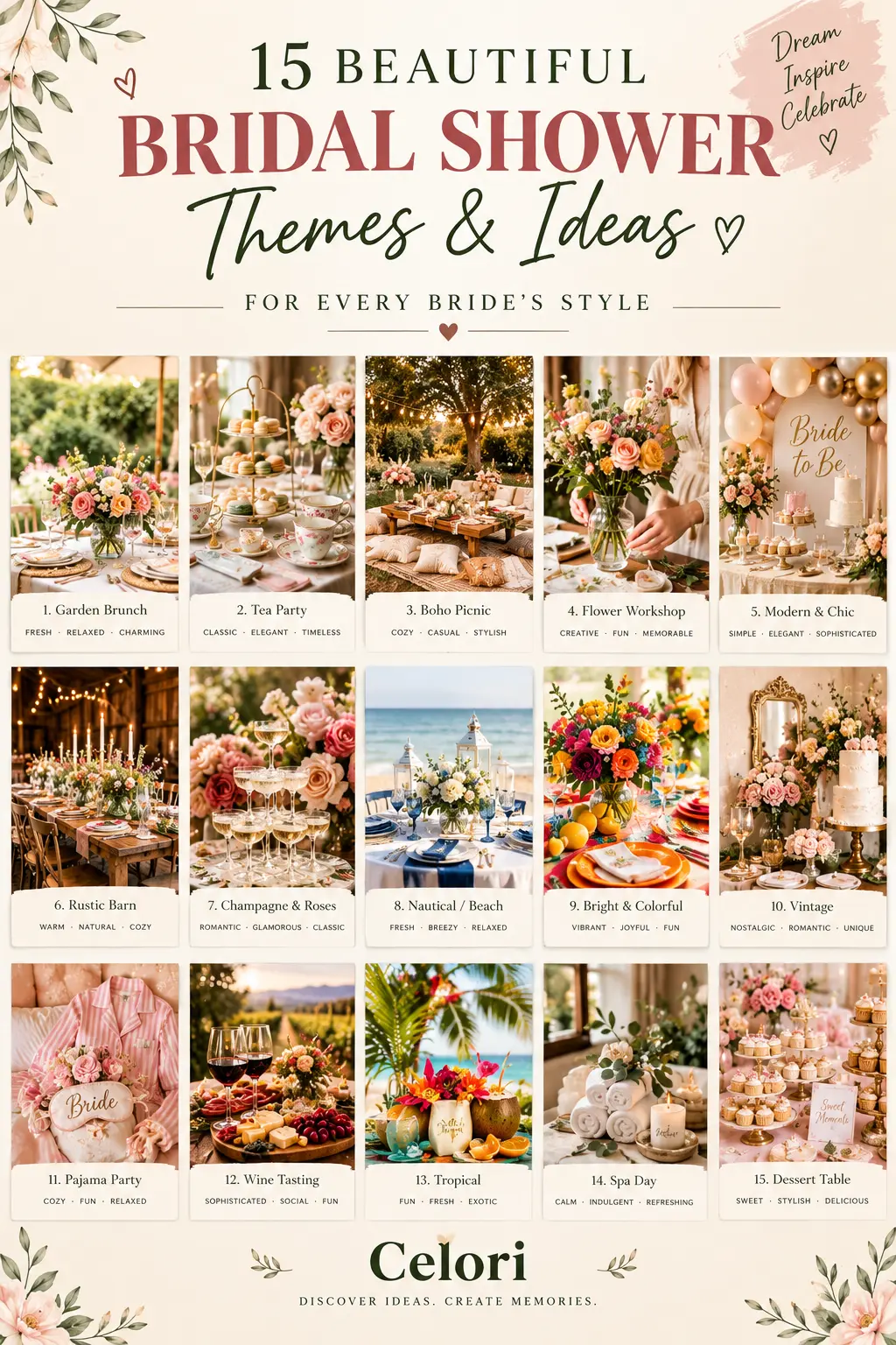 Fifteen bridal shower themes including a garden brunch, tea party, boho picnic, beach table and dessert table