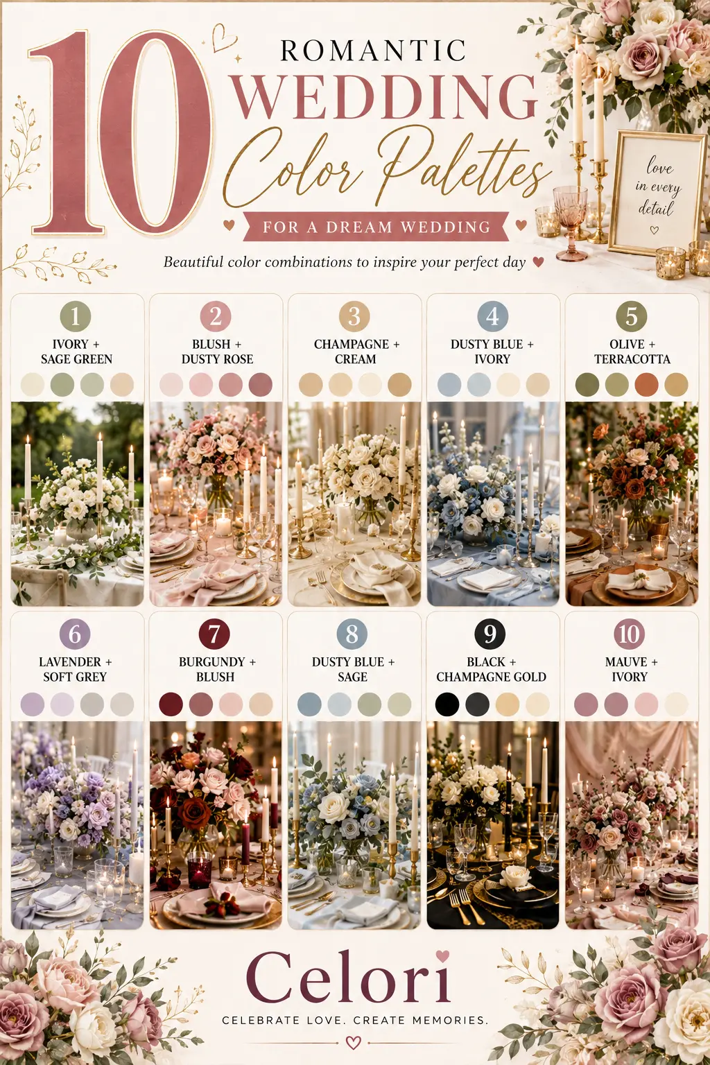 Ten romantic wedding color palettes shown as swatches next to candlelit floral tables