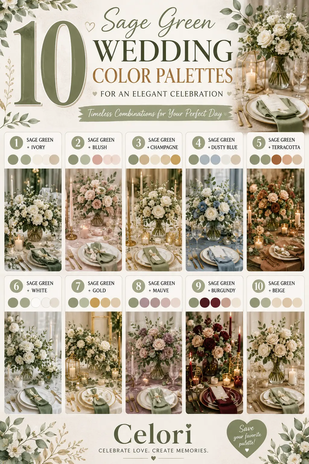 Ten sage green wedding color palettes shown as swatches next to matching floral table settings