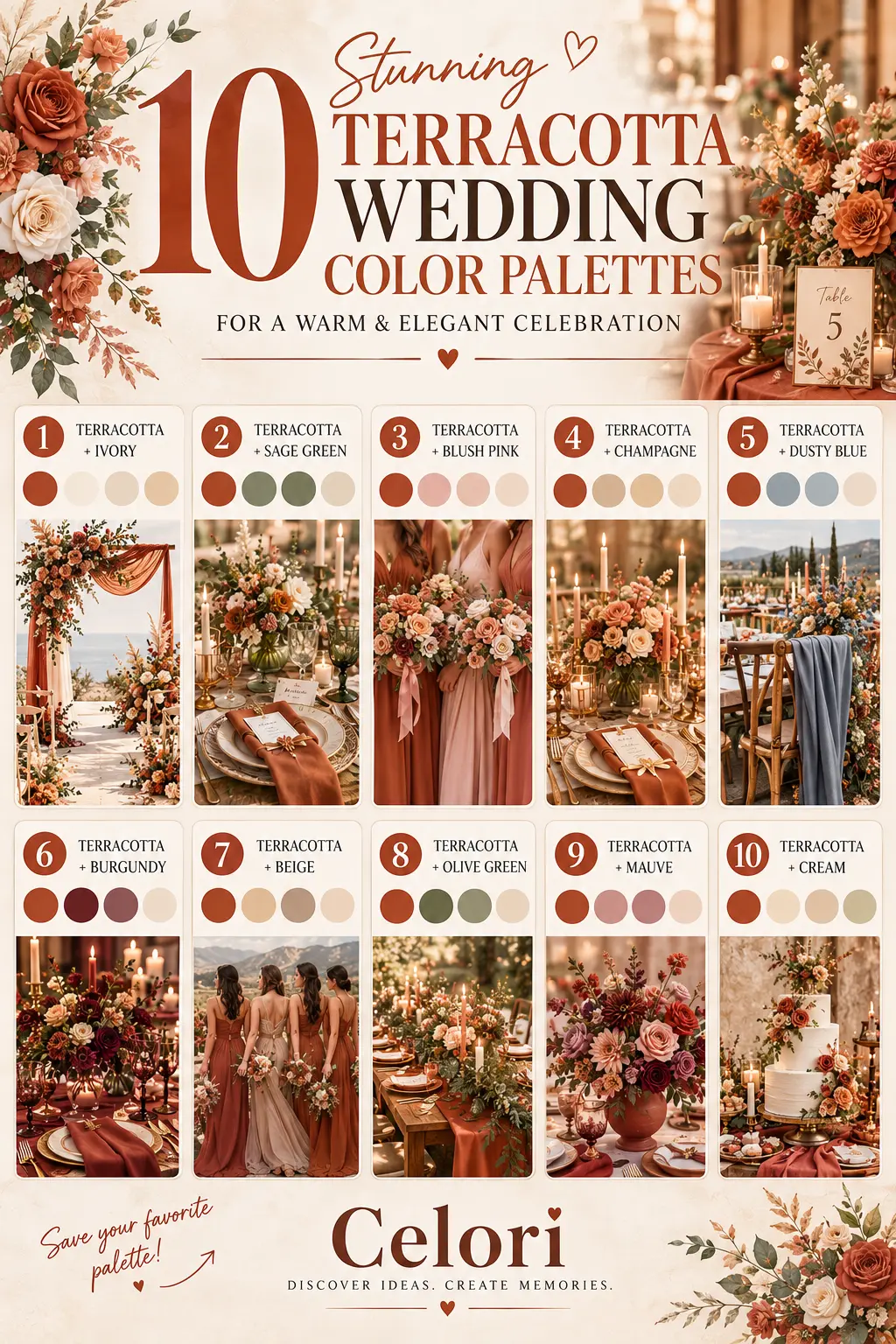 Ten terracotta wedding color palettes shown as swatches next to matching floral arrangements