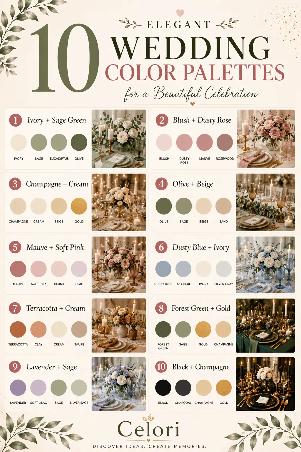 Ten wedding color palettes shown as swatches next to matching floral table settings