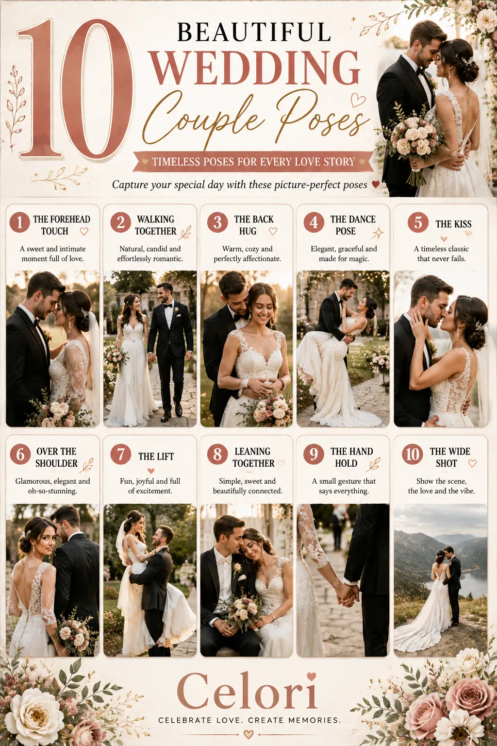 Ten romantic wedding couple poses including walking together, a back hug and a sunset silhouette