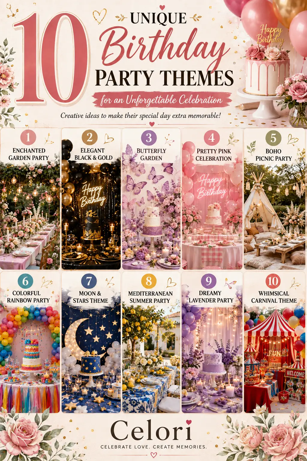 Ten birthday party themes including an enchanted garden, black and gold, rainbow and carnival setups